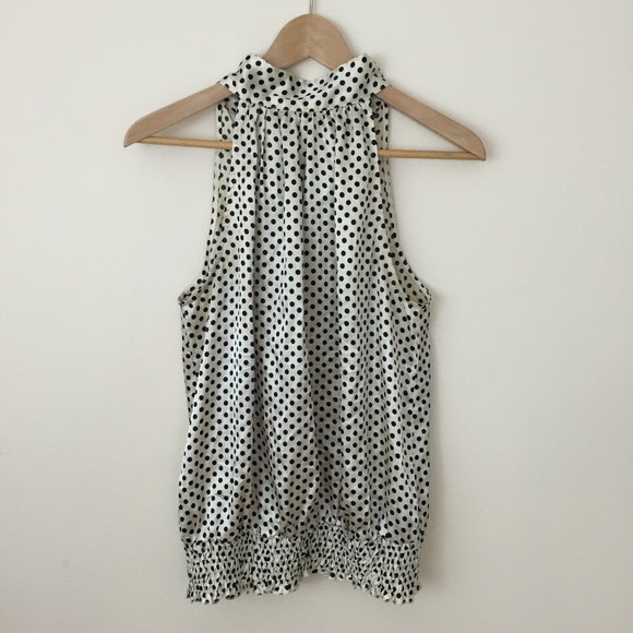 Forever 21 Tops - FOREVER 21 Y2K White Black Polka Dot Satin Halter Neck Smocked Hem Tank Top
